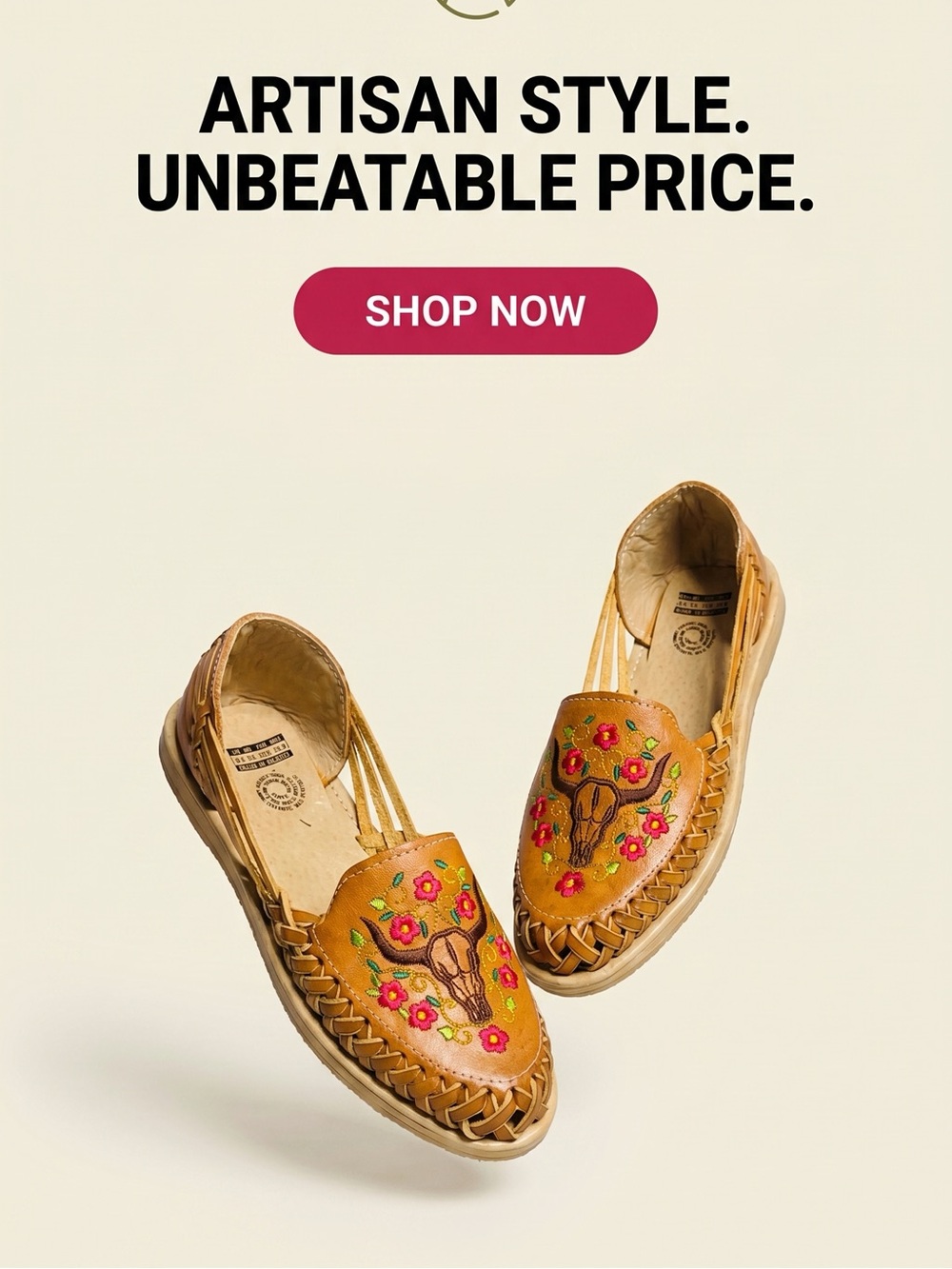 Hand Crafted Tan Moccasins with Pink & Green Floral Skull Embroidery